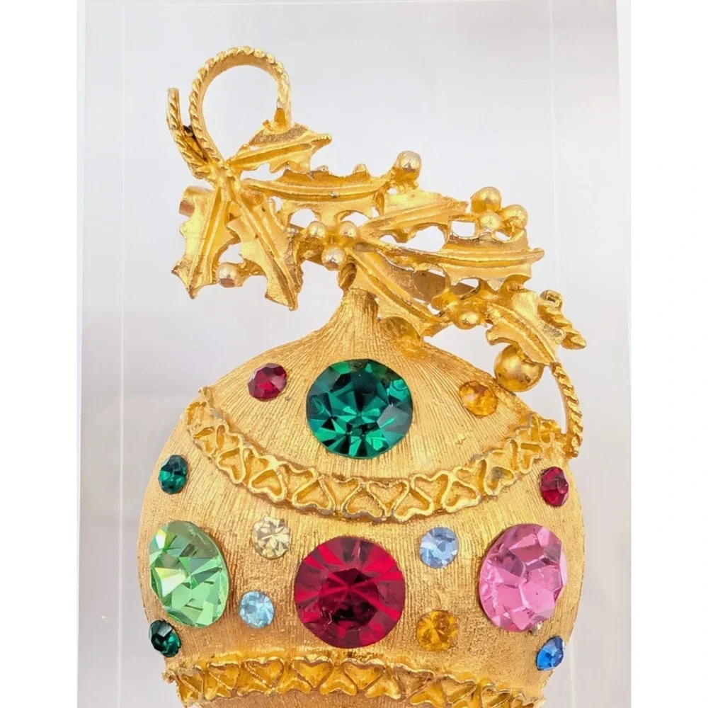 Vintage Gold Tone Ornament Brooch Rhinestone Christmas‎ Ball Statement Piece